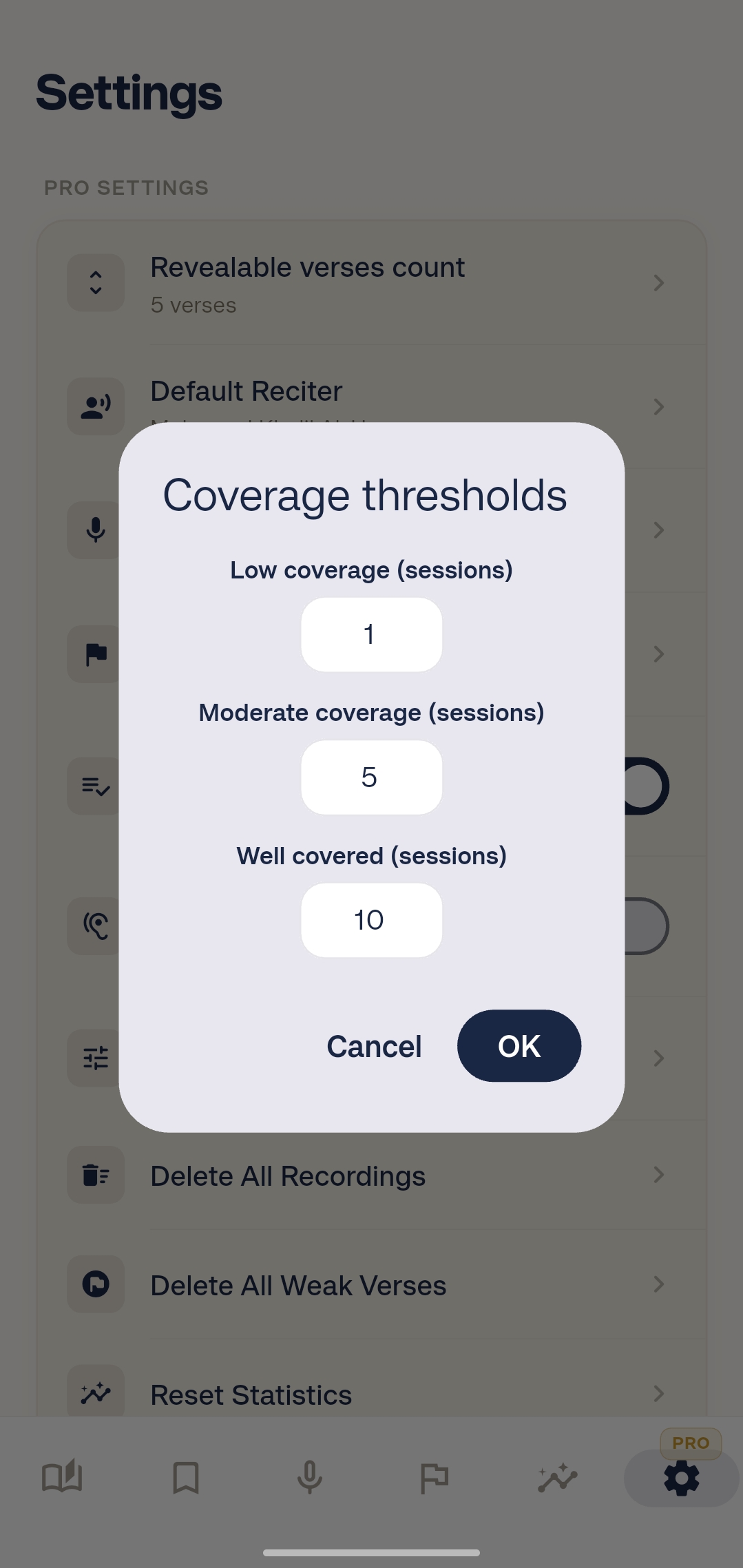 Coverage thresholds settings